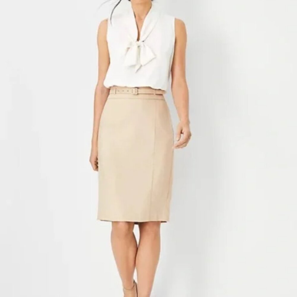 Ann Taylor Sand Linen Belted Pencil Skirt 8